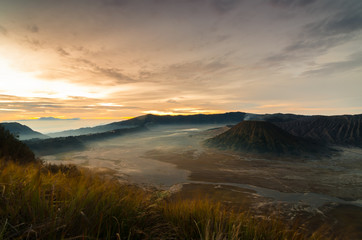 mount batok and mount bromo on sunrise time from view point, java, indonesia