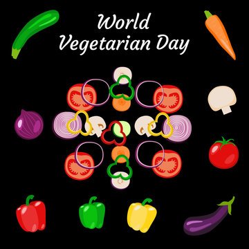 World Vegetarian Day. Vegetables - whole and sliced. Zucchini, carrot, onion, tomato, bell pepper, mushroom, eggplant