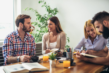 Group of students study at home. Learning and preparing for university exam.