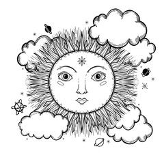 Sketch graphic illustration Beautiful Sun face with mystic and occult hand drawn symbols. Vector illustration. Vintage Hands with Old Fashion Tattoos.