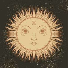 Sketch graphic illustration Beautiful Sun face with mystic and occult hand drawn symbols. Vector illustration. Vintage Hands with Old Fashion Tattoos.