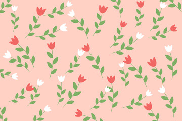 Cute botanics pattern with red and white flower with leaf on pastel pink background in minimal and abstract style look so sweet for wallpaper and all design. Concept about environment and plants.