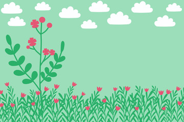 Tree with red flower and grass pattern on pastel green background with copy space in minimal abstract style look so sweet for wallpaper and all design in botanicals concept of environment and plants.