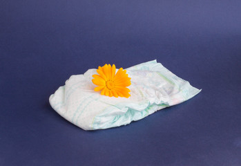 Baby diapers on a blue background and an orange flower on diapers