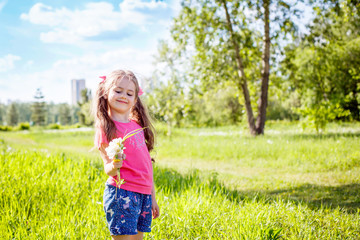 little girl in shorts and a T-shirt in a clearing in the summer with flowers