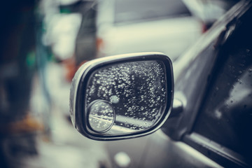 Road Car Rear View Mirror or Side Mirror Car, Motion Blur Background (Vintage Style)