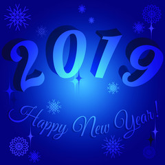Fototapeta na wymiar Happy New Year 2019. Сongratulatory poster with pastel voluminous figures on blurred sparkling background. Vector illustration for design of poster, postcard, flyer for Christmas or New Year.