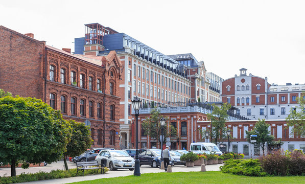Fototapeta Restored historic buildings in center of Zyrardow at 1st of May street