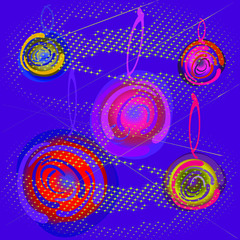 Bright Christmas balls on sparkling halftone purple background. Abstract festive drawing, vector illustration for poster design, poster, advertising, textile, market, greeting cards, invitations.