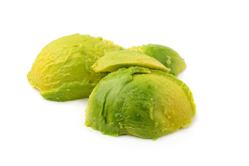 Ripe avocado and Avocado slices isolated on white background
