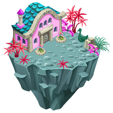 3d isometric building on the island for computer games. Сottage and elements landscape design. Isolated vector cartoon illustration.