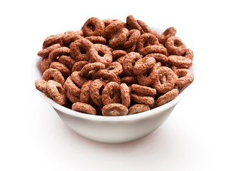 Chocolate corn rings in bowl isolated on white