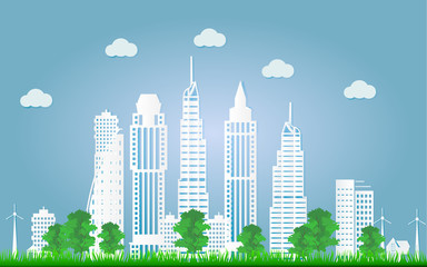 Illustration of eco concept,green city in the leaf. Paper art.Vector.