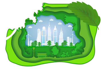 Green eco city.Urban countryside and cityscape of environment conservation paper art style.Ecology city.Vector illustration.