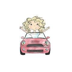 Blonde Hair Girl In Red Car Isolated On A White Background Hand Drawn Illustration