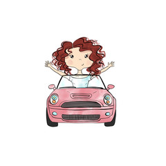Red Hair Girl In Red Car Isolated On A White Background Hand Drawn Illustration