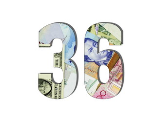 36 Number Different Worlds Banknotes. Background for business. Money concept