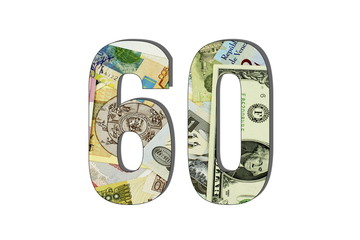 60 Number Different Worlds Banknotes. Background for business. Money concept