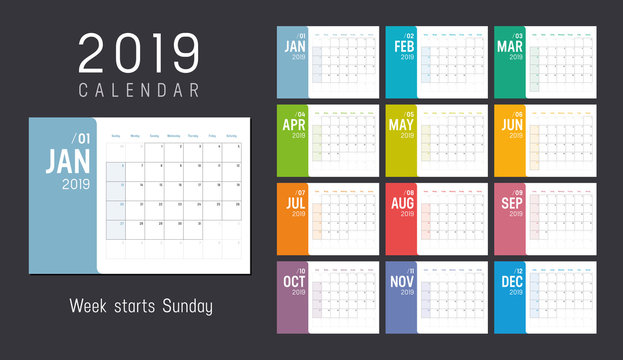 Year 2019 calendar - vector template
