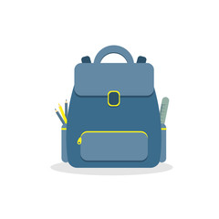 An amazing blue backpack with a ruler and the pencils on the white background. Vector illustration