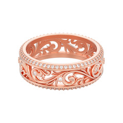 3D illustration isolated red rose gold engagement wedding band ring with curve out ornament on a white background