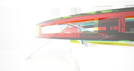 Abstract white and colored gradient glasses interior multilevel public space with window. 3D illustration and rendering.