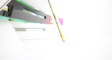 Abstract white and colored gradient glasses interior multilevel public space with window. 3D illustration and rendering.