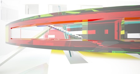 Abstract white and colored gradient glasses interior multilevel public space with window. 3D illustration and rendering.
