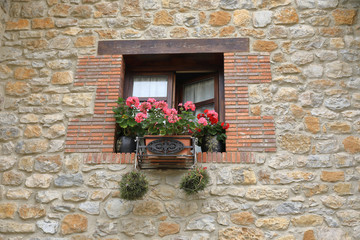 Fototapeta na wymiar Window with stone wall, pot with flowers and mistletoe