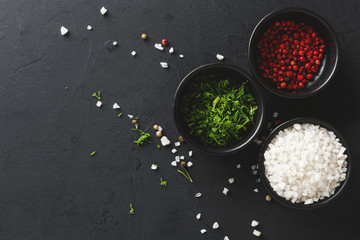 Diverse spices in plates on black background