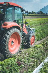 Traktor auf Acker, Landwirtschaft, blauer Himmel