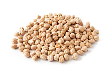 Heap of preserved chickpeas isolated on white background