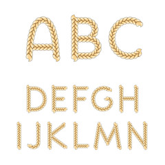 Alphabet from braids, letters from A to N. Isolated vector objects on white background.