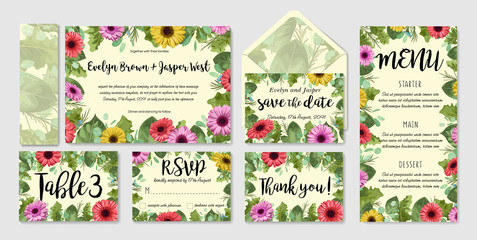 Beautiful vector watercolor wedding invitation set, envelope, table number, menu. Colored gerbera with roses and eucalyptus leaves, wax flowers