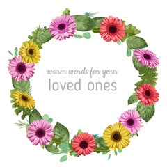 Designer vector watercolor floral frame wreath. Colored gerbera, eucalyptus and rose leaves, waxy flowers isolated on white background