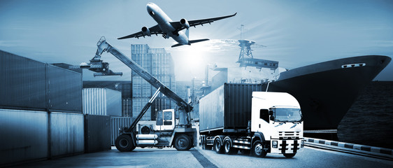 Transportation, import-export and logistics concept, container truck, ship in port and freight cargo plane in transport and import-export commercial logistic, shipping business industry - obrazy, fototapety, plakaty
