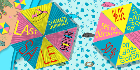 Fototapeta premium Summer sale banner design with tropical beach top view background