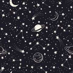 Seamless pattern with planets, constellations and stars - obrazy, fototapety, plakaty