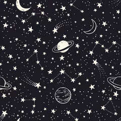  Naadloos patroon met planeten, sterrenbeelden en sterren © Tamiris