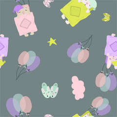 Hand drawn vector illustration seamless pattern cute cartoon sleeping animals with colorful balloons, slippers and clouds on the grey background