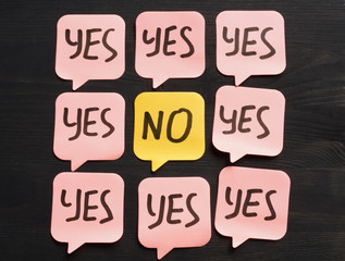 Resistance to change concept. Memo sticks with words Yes and No.