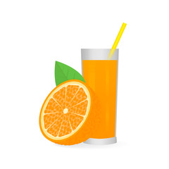 Fresh orange fruit with leaf and glass of juice isolated on white background. Healthy lifestyle and vegetarian food concept. Vector illustration.