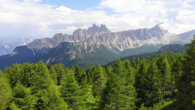 Aerial view Italian Dolomites. Sumer in Dolomiti Dolomites Mountains. Mountain forest in Dolomites. Croda Da Lago Ridge in Dolomites Mountains. Drone video in beautiful Italian Dolomites Mountains