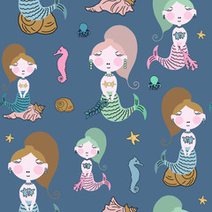 Hand drawn vector illustration cute cartoon seamless pattern mermaid, sea horse, sea star and jellyfish on the blue background for baby textile