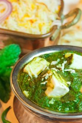 Palak Paneer / Spinach Cottage cheese curry with rice and Roti