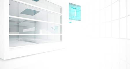 Abstract white and colored gradient glasses interior multilevel public space with window. 3D illustration and rendering.