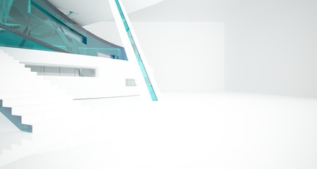 Abstract white and colored gradient glasses interior multilevel public space with window. 3D illustration and rendering.