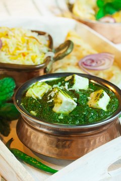 Palak Paneer / Spinach Cottage cheese curry with rice and Roti