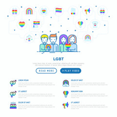 Fototapeta na wymiar LGBT concept: gay couple with rainbow and lesbian couple with heart. Thin line icons: coming out, free love, support, LGBT rights. Modern vector illustration, web page template.