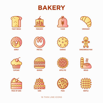 Bakery thin line icons set: toast bread, pancakes, flour, croissant, donut, pretzel, cookies, gingerbread man, cupcake, burger, apple pie, pizza, waffle. Modern vector illustration.